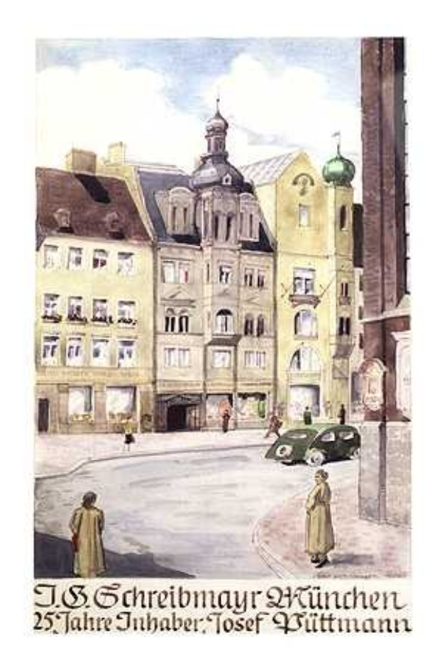 Malerei einer Stadtstraße mit Fußgängern, einem Auto und Gebäuden, signiert 'J.S. Schreibmayr München' unten.