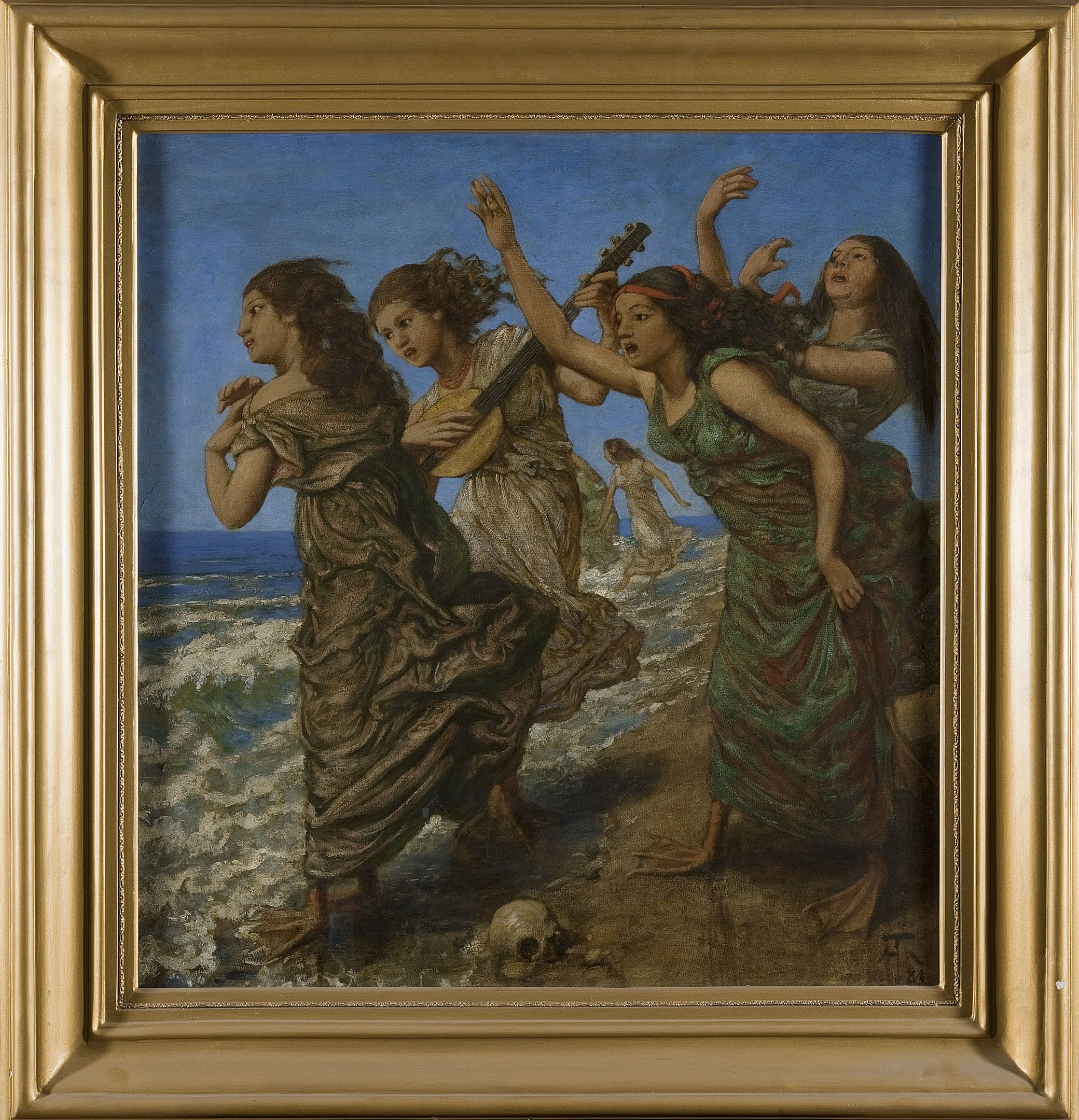 Bild einer Gruppe von Frauen am Strand, eine hält ein Musikinstrument, gerahmt in einem klassischen Foto-Rahmen.