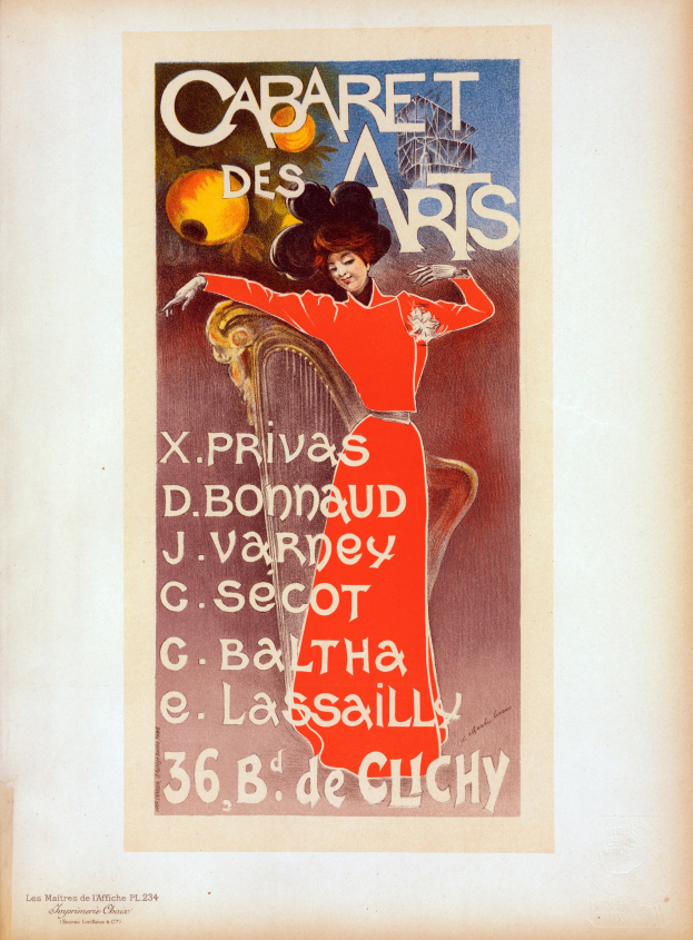 Plakat für das Cabaret des Arts in Paris mit einer Frau in rotem Kleid, gerahmt in einem klassischen Fotorahmen mit Text drumherum.