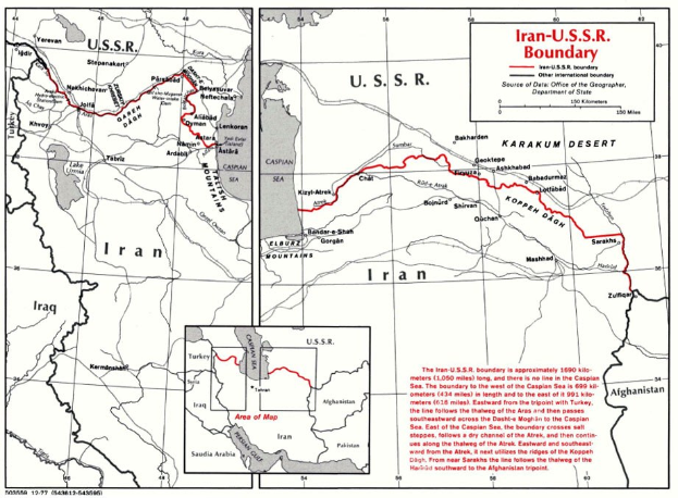Detailierte Landkarte des iranisch-sowjetischen Grenzverlaufs mit geografischen Merkmalen und Landesgrenzen sowie erklärendem Text.