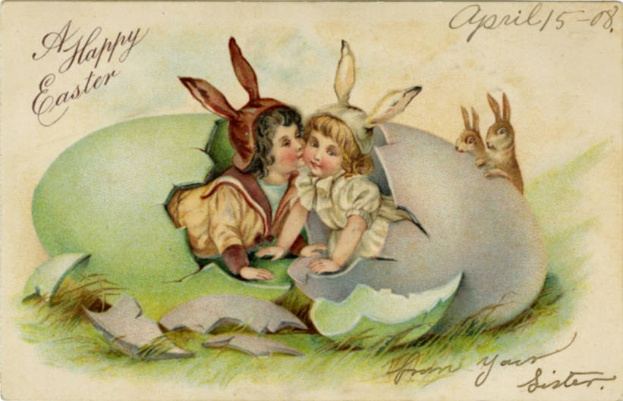 Altmodische Ostern-Postkarte mit zwei Kindern in einem Ei umgeben von Kaninchen mit Text, der einen frohen Ostergruß wünscht.