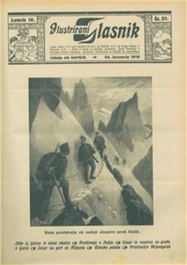 Alte Zeitung mit der Überschrift "Glasnik, Januar 1918" und einem Schwarz-Weiß-Foto einer Gruppe von Menschen mit Rucksäcken, die einen Berg erklimmen.