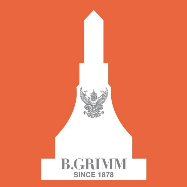 Plakat mit einem orangen Hintergrund, das ein weißes Kreis-Logo mit einem schwarzen 'b' und der Text 'b grimm seit 1878' in fetter schwarzer Schrift enthält.