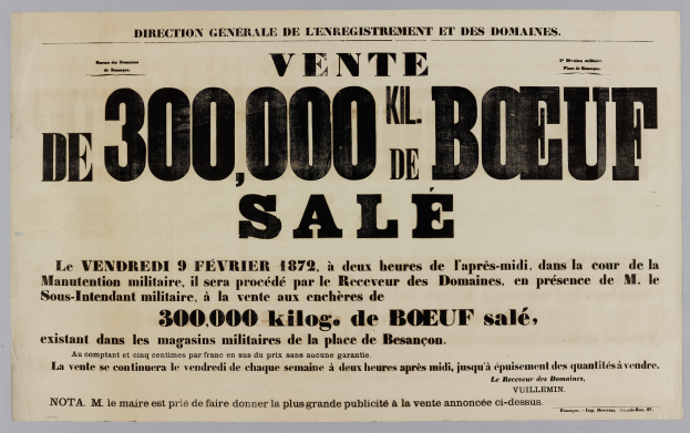 Alte Werbeplakat mit der Aufschrift "Vente de 300,000 Kil Kil de Boeuf Sale" vor einer Wand im Hintergrund.