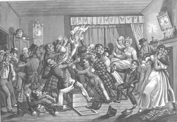 Eine Schwarz-Weiß-Illustration einer Gruppe von Menschen in einem Raum mit einer Uhr an der Wand, Vorhängen im Hintergrund und verschiedenen Gegenständen auf einem Tisch rechts daneben, mit dem Text "Die Silvesterparty in London, England" unten.