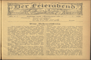Ein offenes altes Buch mit einem Mann und einer Frau in traditioneller deutscher Kleidung auf dem Cover, die Seite an Seite mit einem Gefühl der Verbundenheit stehen, umgeben von Text in einer klassischen Schriftart.