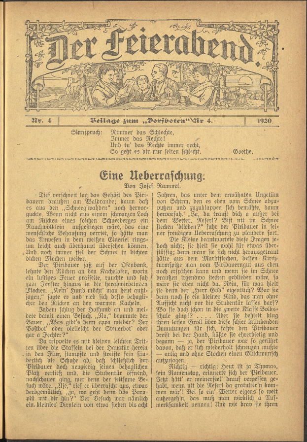 Ein offenes altes Buch mit einem Mann und einer Frau in traditioneller deutscher Kleidung auf dem Cover, die Seite an Seite mit einem Gefühl der Verbundenheit stehen, umgeben von Text in einer klassischen Schriftart.