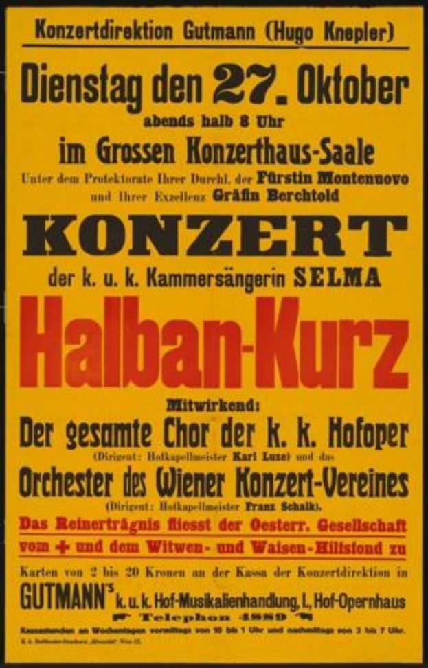 Gelbes Plakat für ein Konzert mit dem Titel 'Konzert Halban-Kurz' in Berlin, Deutschland.