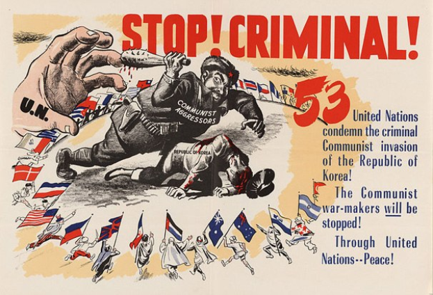 Plakat mit einer Hand, die ein Schild hält, auf dem "Stoppt den Verbrecher" steht, und einer Gruppe von Menschen mit Fahnen im Hintergrund, mit zusätzlichem Text zur Förderung der Verwendung von menschlichem Haar.