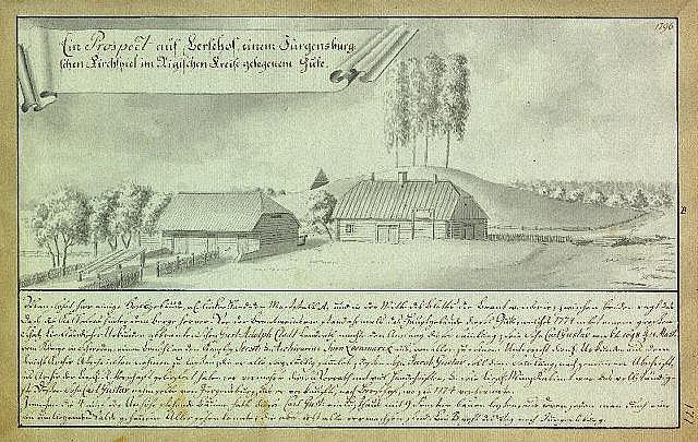 Schwarz-weiß-Illustration eines Bauernhofs in Surgensburg, Deutschland, mit Häusern, Bäumen und Himmel, auf altem Papier beschriftet.
