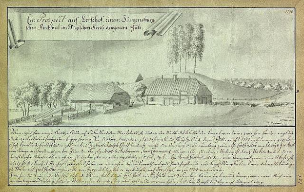 Schwarz-weiß-Illustration eines Bauernhofs in Surgensburg, Deutschland, mit Häusern, Bäumen und Himmel, auf altem Papier beschriftet.